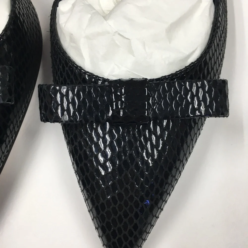 J Crew Snake Embossed Leather Kitten Heel Ankle Strap 8 Black Bow Wedding Party